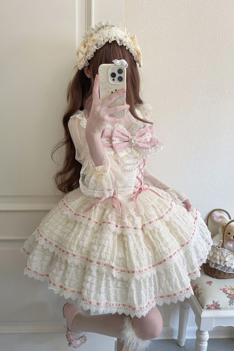 Apricot Song of Floral Letters Sleeveless Triple-Layered Bowknot Lace-Up Sweet Lolita Jsk Dress