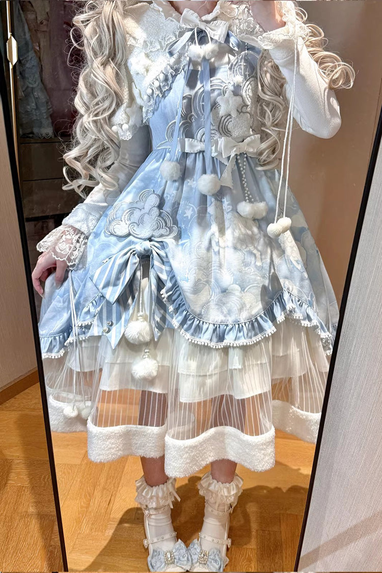 Blue Cloud Dreamland Cut-Out Embroidered Bow Lace Asymmetric Sweet Elegant Lolita Jsk Dress Set