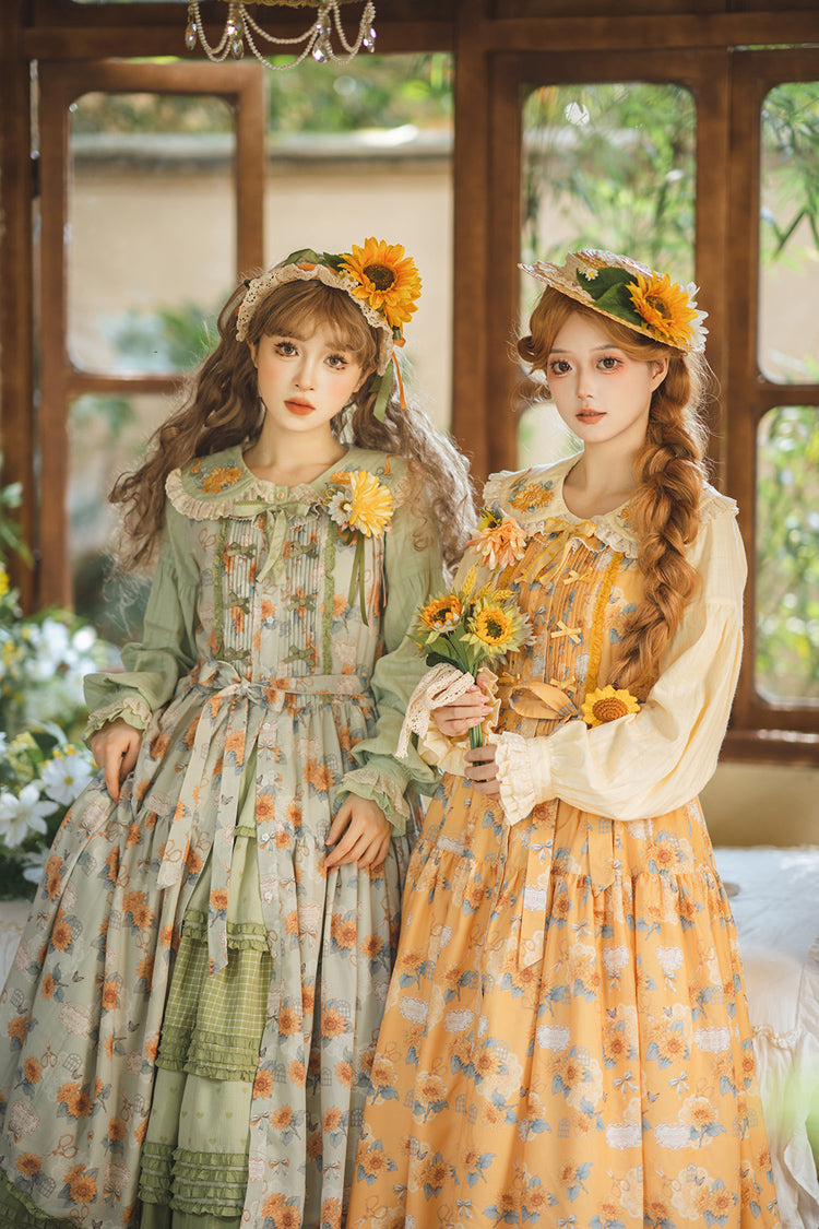 Yellow Gardening Sunflower Sleeveless Print Ruffle Bowknot Sweet Elegant Lolita Jsk Dress