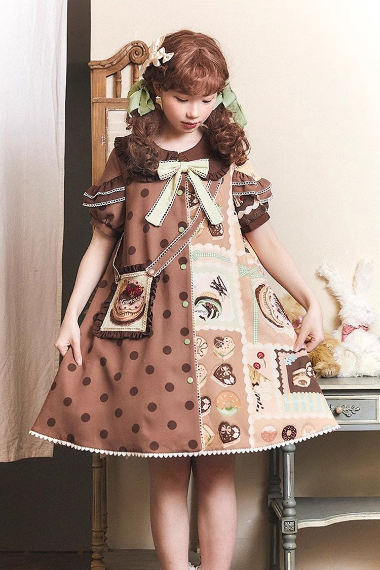 Cake Chocolate Dessert Print Short Sleeves Ruffle Bowknot Sweet Lolita Dress 2 Colors