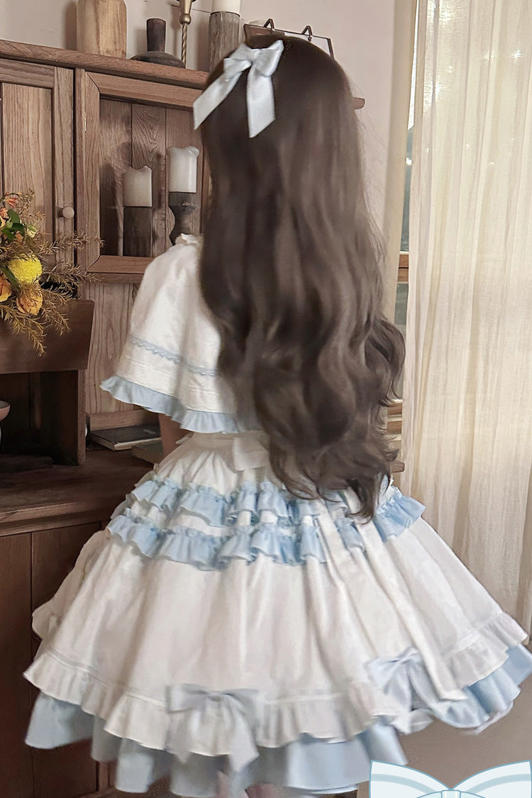 White/Blue Window Dolls Multi-Layered Ruffle Love Bowknot Sweet Princess Lolita Jsk Dress with Cape