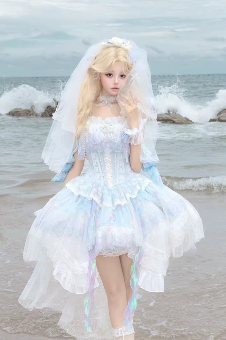 Sea Blue Mermaid's Tears Sleeveless Ombre Printed Hanayome Pearl-Decorated Sweet Lolita Jsk Dress Set