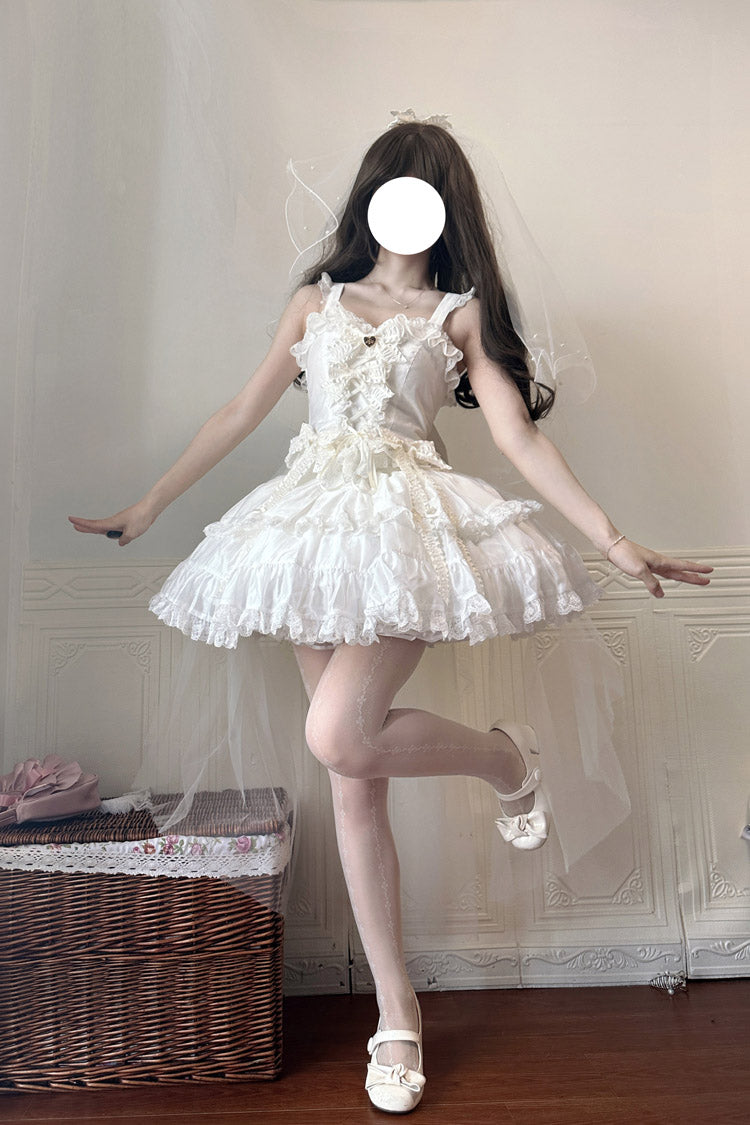 White Sweetheart Splolita Ruffle Bowknot Lace-Up Sweet Lolita Skirt Set