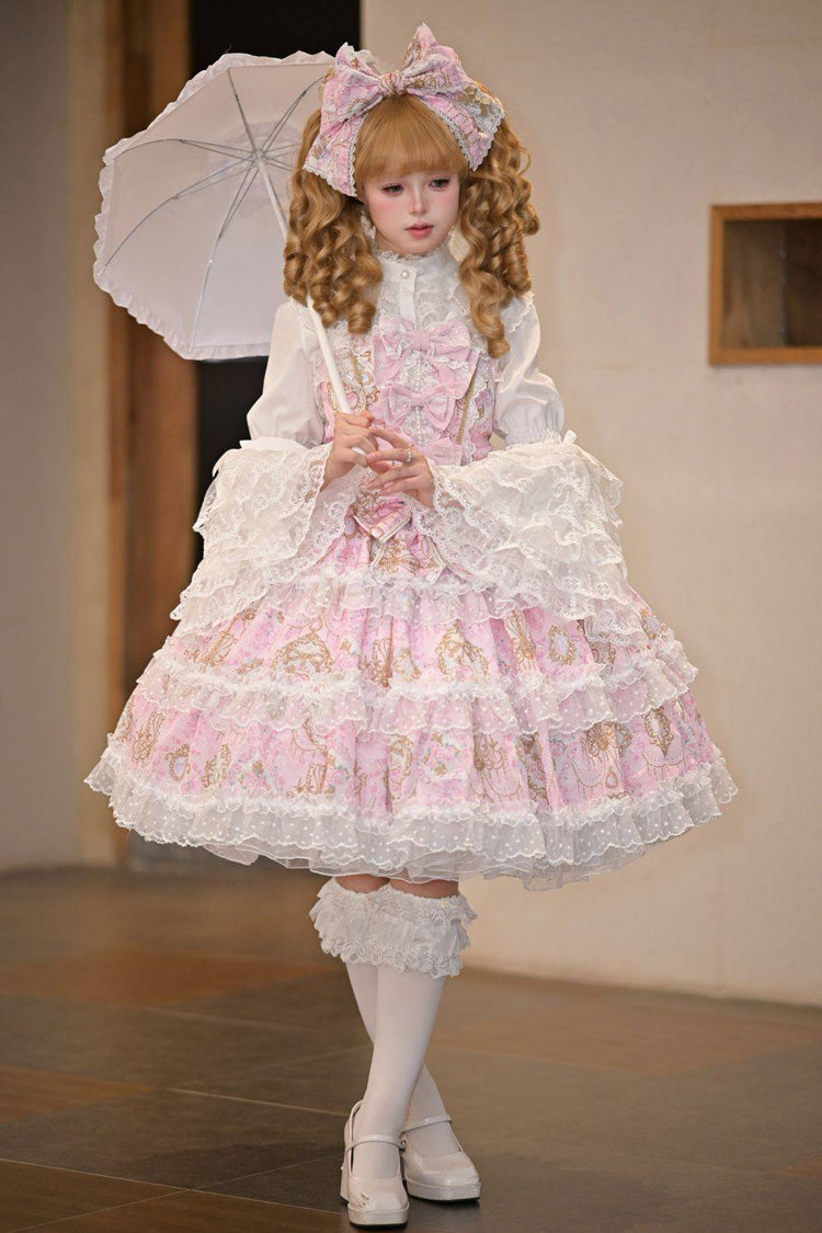 Pink Candelabrum Elegy Sleeveless Triple-Layered Flower Wall Printed Ruffled Bow Lace Sweet Lolita Jsk Dress