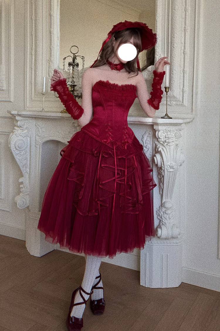 Red The Summer Waves Sparkle Square Collar Sleeveless Multi-Layered Ruffled Bow Lace-Up Slim Classic Lolita Skirt Set