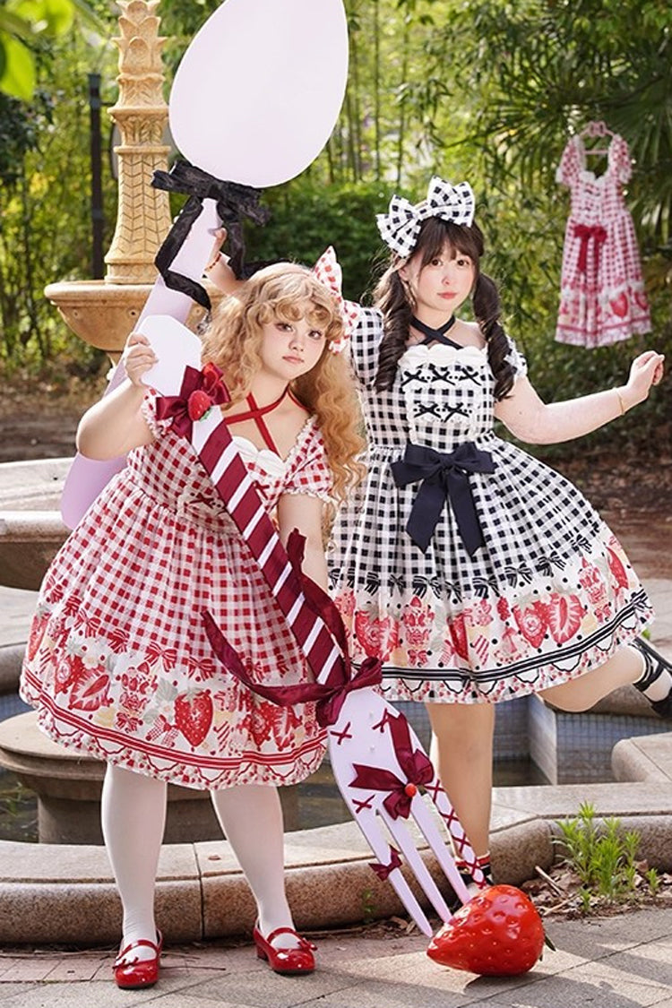 Red Short Sleeves Strawberry Plaid Print Bowknot Sweet Plus Size Princess Lolita Dress