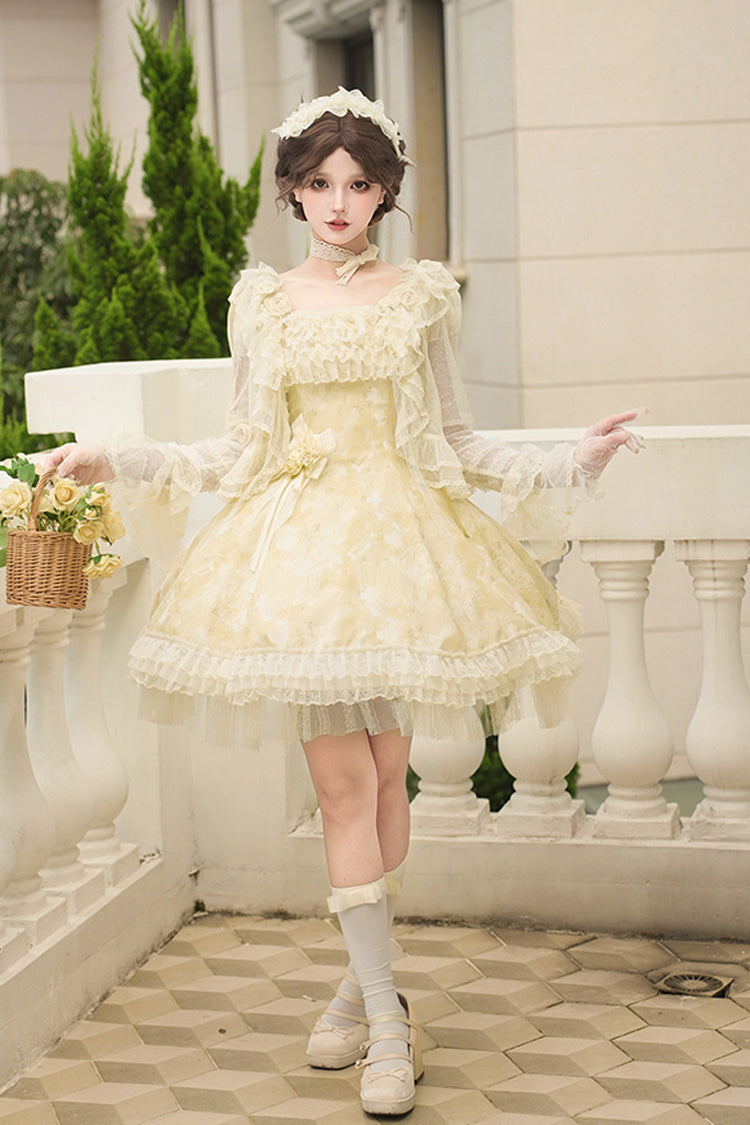 Yellow Falling Flowers as a Message Square Collar Flying Sleeves Print Ruffle Lace Sweet Elegant Lolita Short Dress