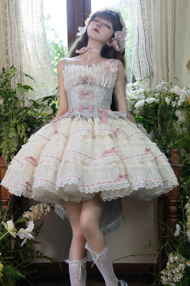 Blue/Apricot Sea Salt Souffle Sleeveless Multi-Layered Bowknot Lace Sweet Ballet Lolita Jsk Dress