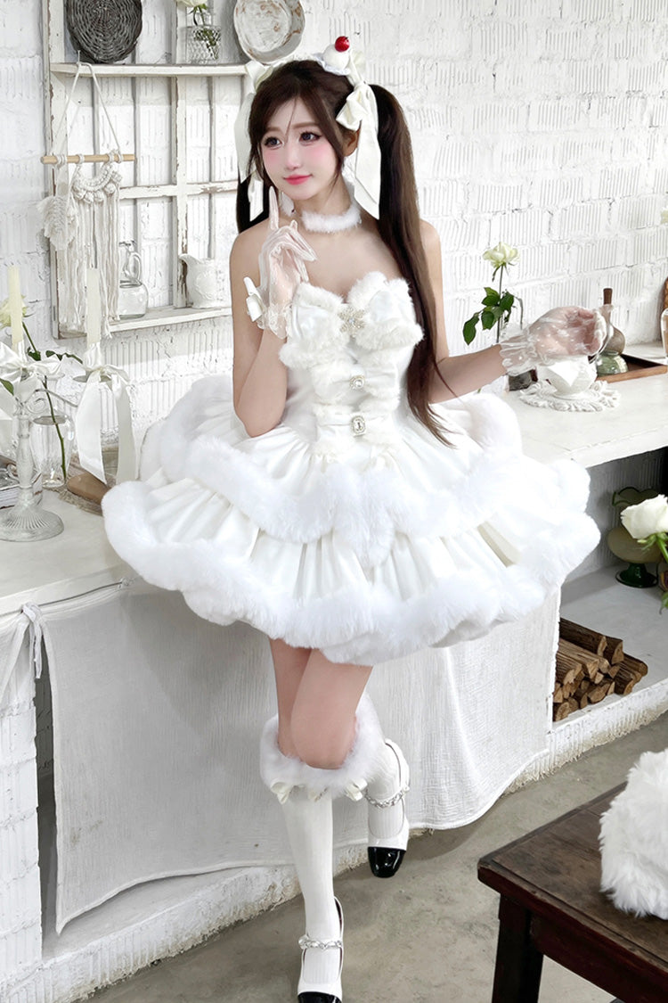 White Holiday Double-Layered Bowknot Sweet Princess Lolita Strapless Dress