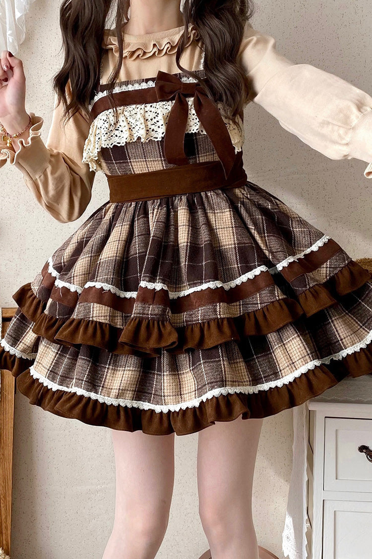 Brown Caramel Cocoa Double-Layered Print Ruffle Bowknot Sweet Lolita Jsk Dress
