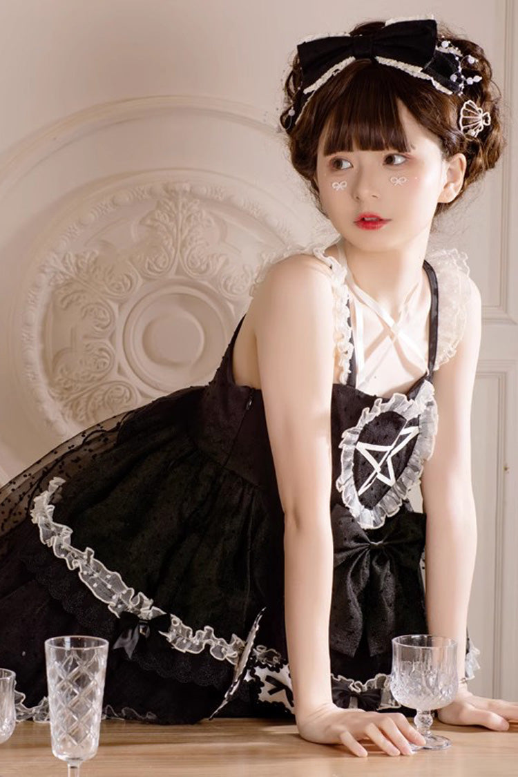 Black Du Meisha's Star Wish Sleeveless Triple-Layered Jacquard Ruffle Bowknot Sweet Gothic Lolita Jsk Dress