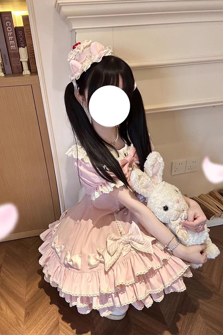 Pink Striped Layered Short Sleeves Multi-Layered Ruffle Bowknot Sweet Princess Lolita Tiered Dress