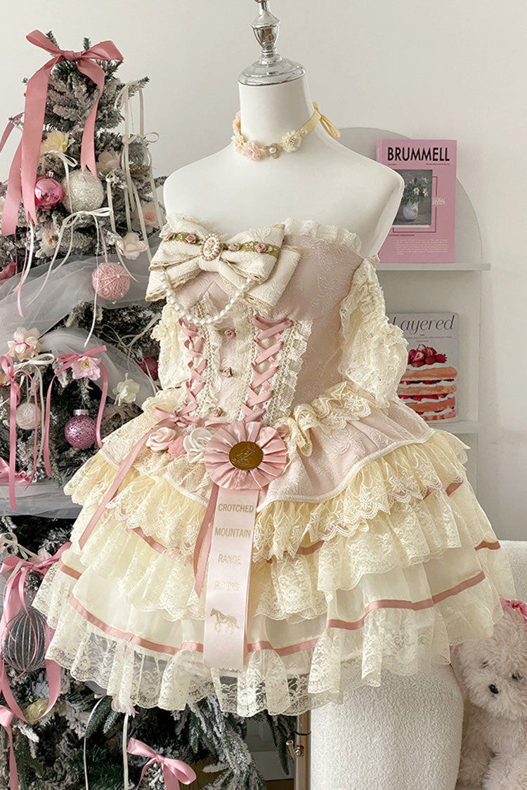 Pink Sweet Tea Rose Dew Triple-Layered Ruffle Bowknot Lace Gorgeous Sweet Lolita Skirt
