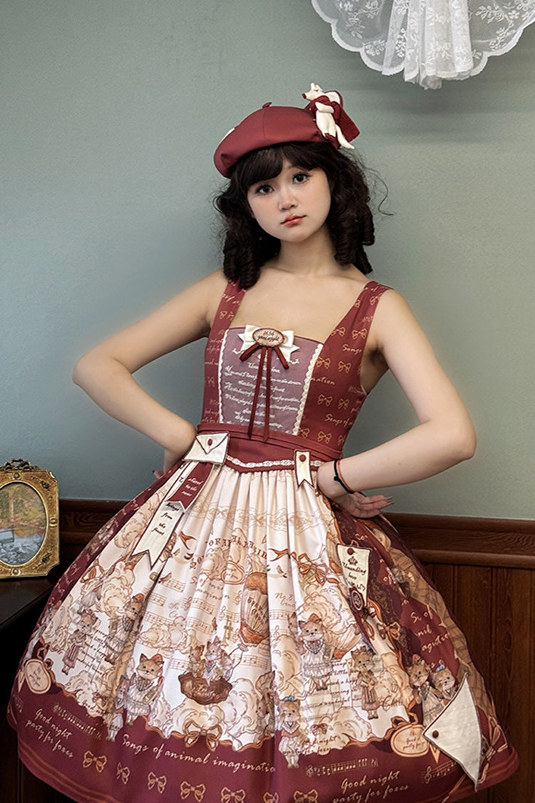 Wine Red Fox Band Print Square Collar Bowknot Classic Lolita Jumper Dress