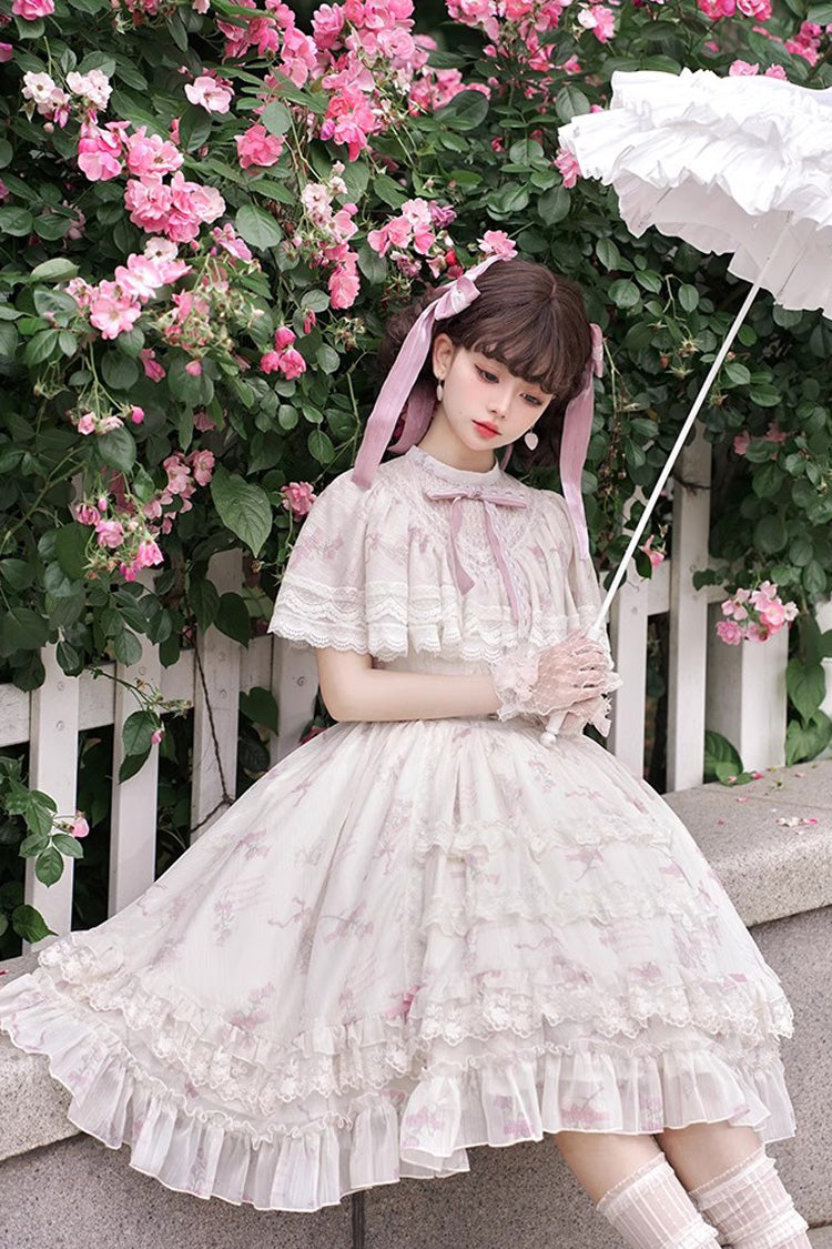 Multi-Color Bellflower Print Ruffle Lace Sweet Princess Lolita Dress
