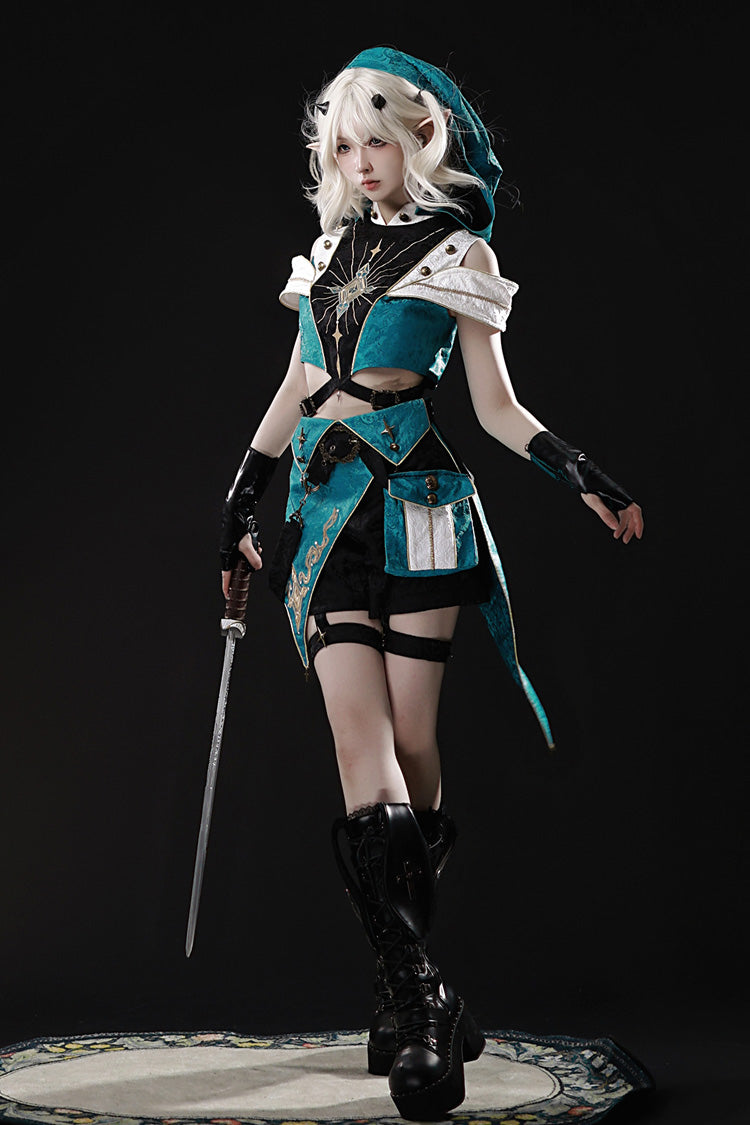 Blue/Green Traveler's Outfit Print Embroidery Hooded Ouji Fashion Sweet Handsome Lolita Set
