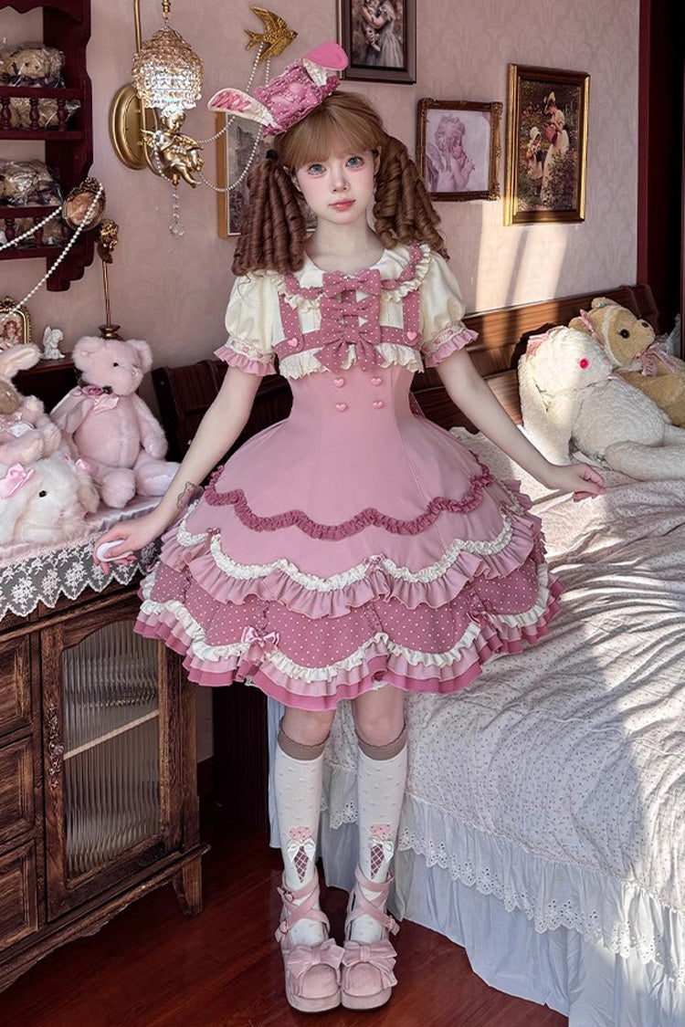 Pink Bunny Parfait Short Sleeves Multi-Layered Ruffle Bowknot Sweet Lolita Dress