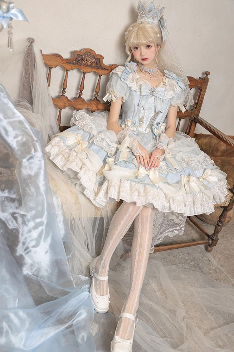Light Blue Girls' Day Short Sleeves Multi-Layered Ruffle Bowknot Lace Sweet Lolita Dress 2 Versions