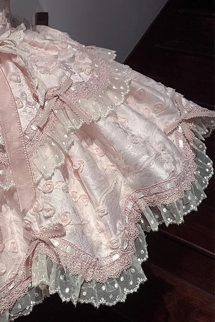 Pink Floral Overture Double-Layered Ruffle Embroidery Bowknot Lace Sweet Lolita Jsk Dress