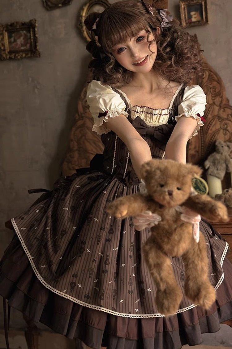 Brown Moro Coco Hot Air Balloon Print Ruffle Bowknot Sweet Elegant Princess Lolita Dress