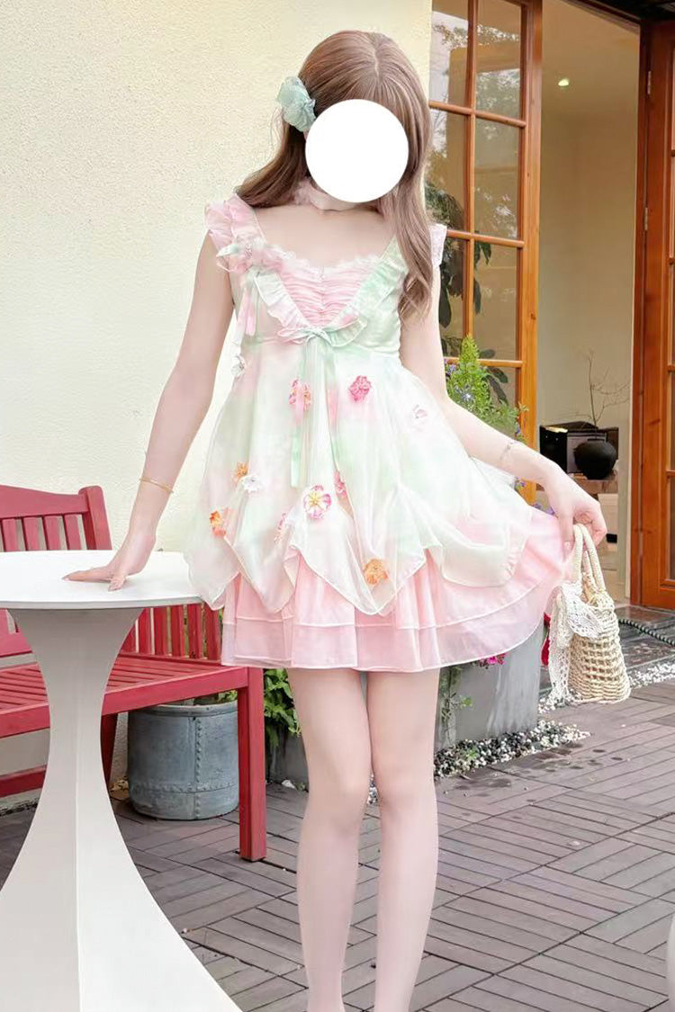 Pink/Green Dream of Flowers Sleeveless Print Ruffle Lace Sweet Princess Lolita Jsk Dress