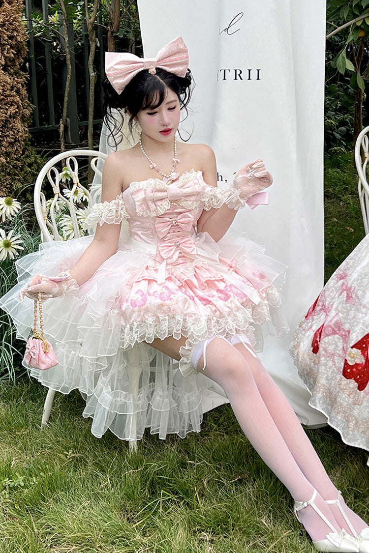 Pink True Love Strawberry Print Off Shoulder Sleeveless Ruffle Bowknot Lace Sweet Princess Lolita Dress Set