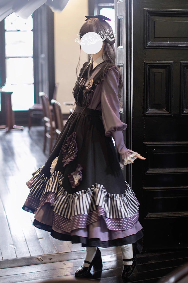 Black Witch Academy Double-Layered Stripe Print Ruffle Bowknot Irregular Sweet Lolita Jumper Dress