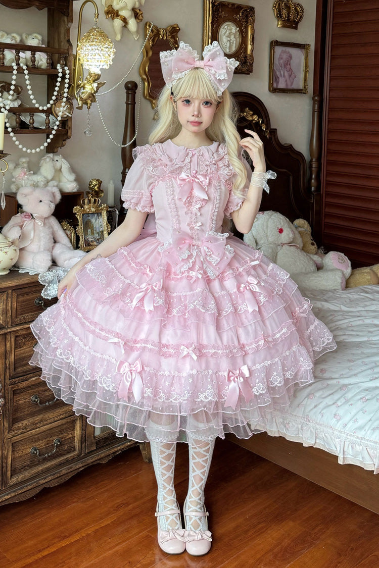 Pink Lotus Butterfly Heart Multi-Layered Ruffle Hanayome Bowknot Lace Sweet Lolita Jsk Dress
