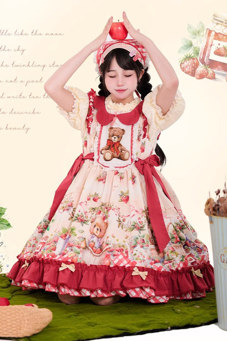 Red December Strawberry Bear Print Ruffle Bowknot Sweet Lolita Dress