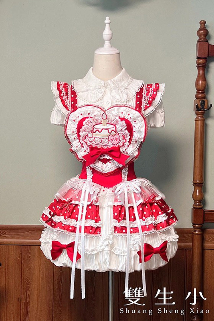 Red/White Twin Bears Birthday Cake Sleeveless Print Ruffle Bowknot Lace Sweet Lolita Small Flower Bud Dress