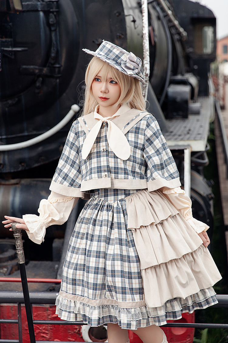 Grey/Blue Morning Tune Sleeveless High Waisted Print Ruffle Asymmetric Sweet Lolita Strap Dress