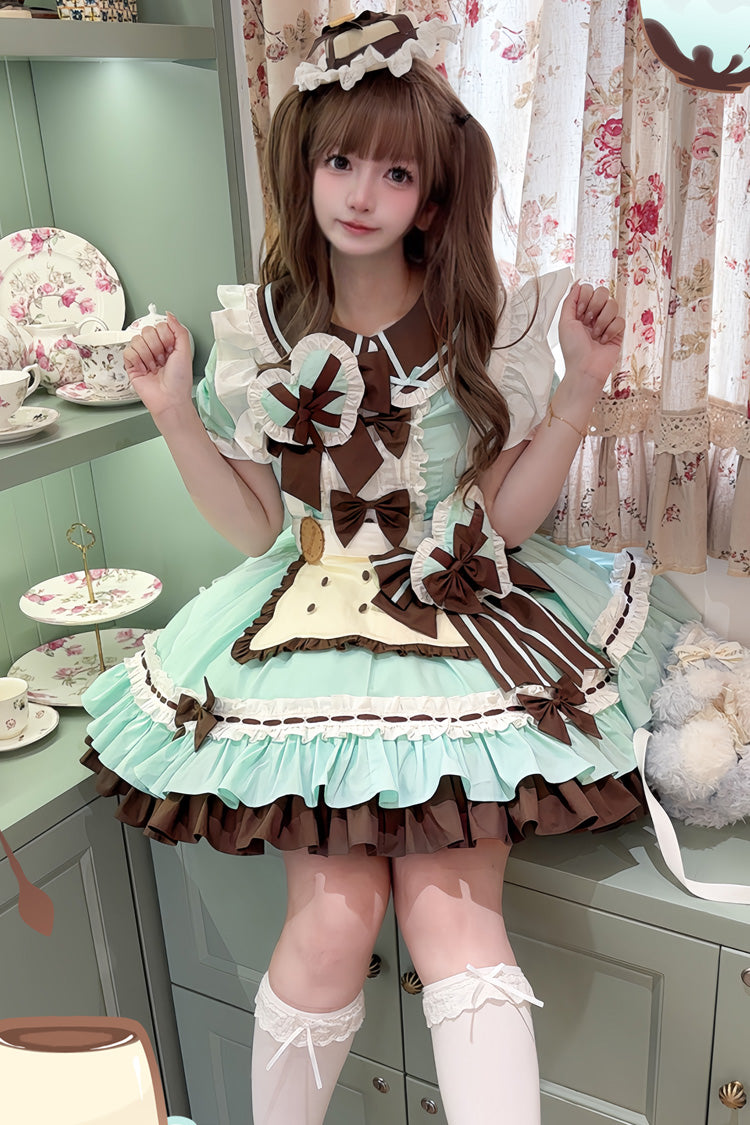 Cookies Short Sleeves Maid Ruffle Bowknot Sweet Lolita Tiered Dress 2 Colors