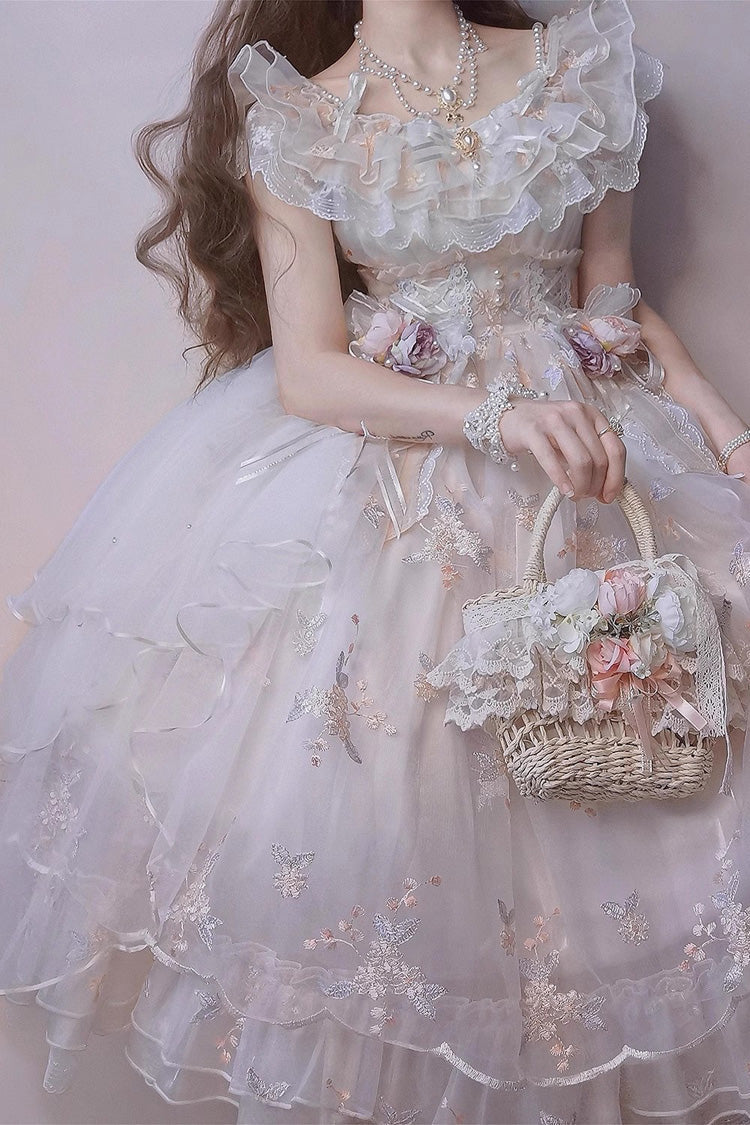 Ivory Flora Multi-Layered Ruffle Hanayome Embroidery Bowknot Sweet Lolita Jsk Dress