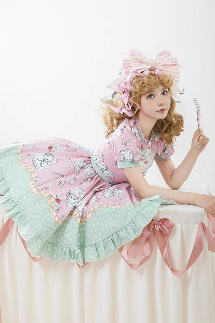Pink/Green Tea Time Donut, Cake and Bear Print Ruffle Sweet Elegant Lolita Dress