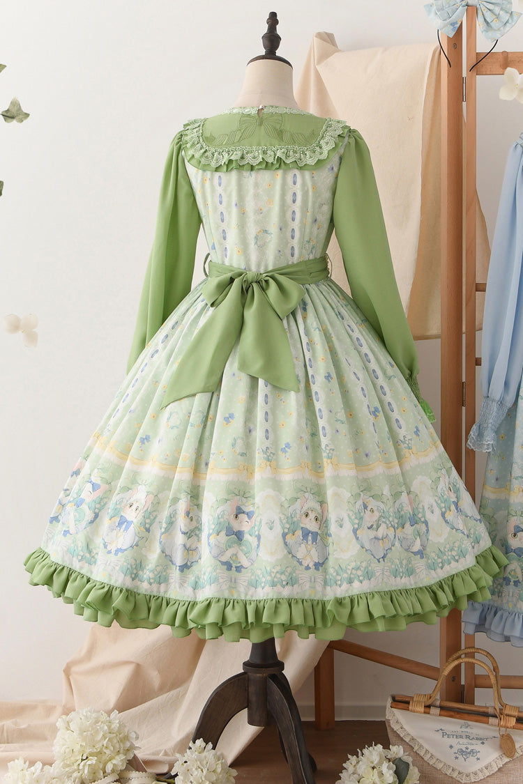 Green Lily of the Valley Cat Print Ruffle Embroidery Bowknot Sweet Lolita Dress