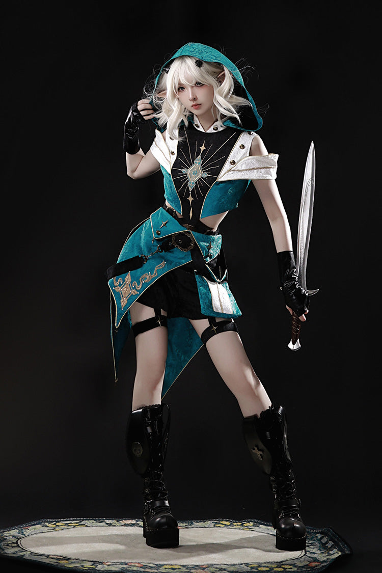Blue/Green Traveler's Outfit Print Embroidery Hooded Ouji Fashion Sweet Handsome Lolita Set