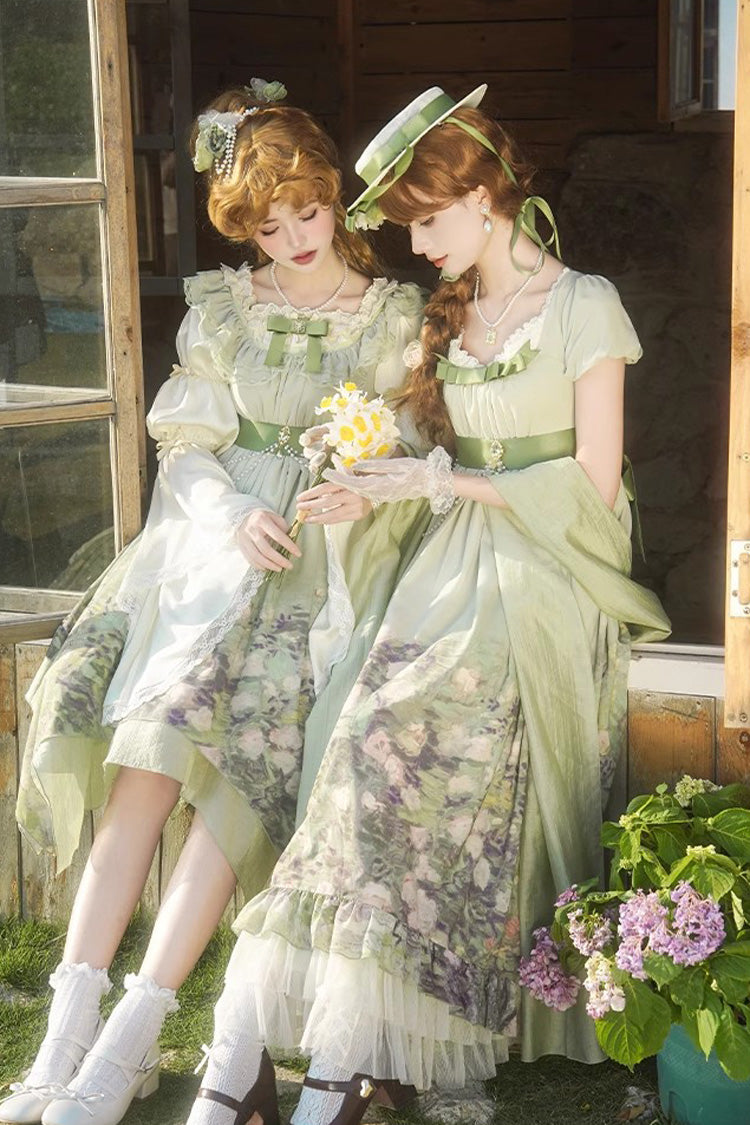 Green Blooming Roses Print Oil Painting Chiffon Ruffle Bowknot Irregular Sweet Lolita Jsk Dress
