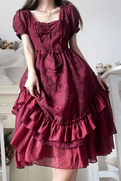 French Elegant Print Multi-Layer Ruffled Short Sleeve Classic Lolita Dress