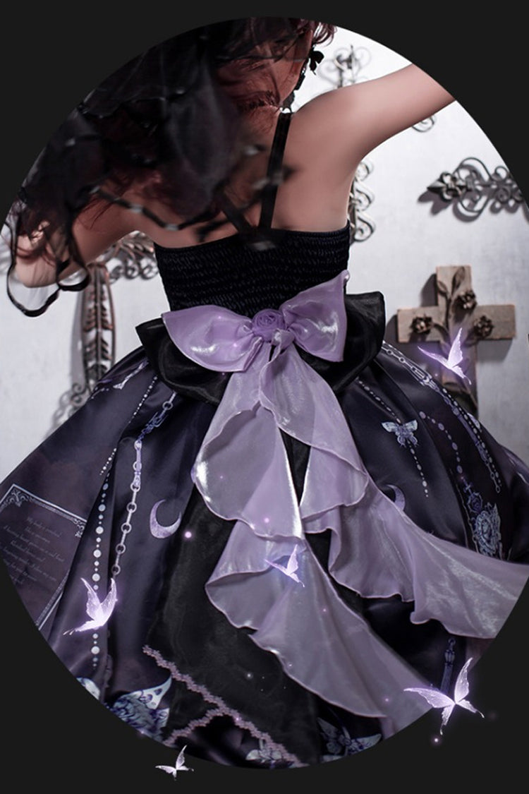 Black Feast of Bones Halterneck Multi-Layered Print Ruffle Lace Gothic Elegant Lolita Jsk Dress