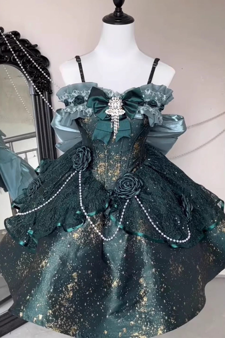 Cosmic Shimmer Halterneck Oil Printed Ruffled Bow Lace Pearl-Decorated Sweet Princess Lolita Short Jsk Dress 2 Colors