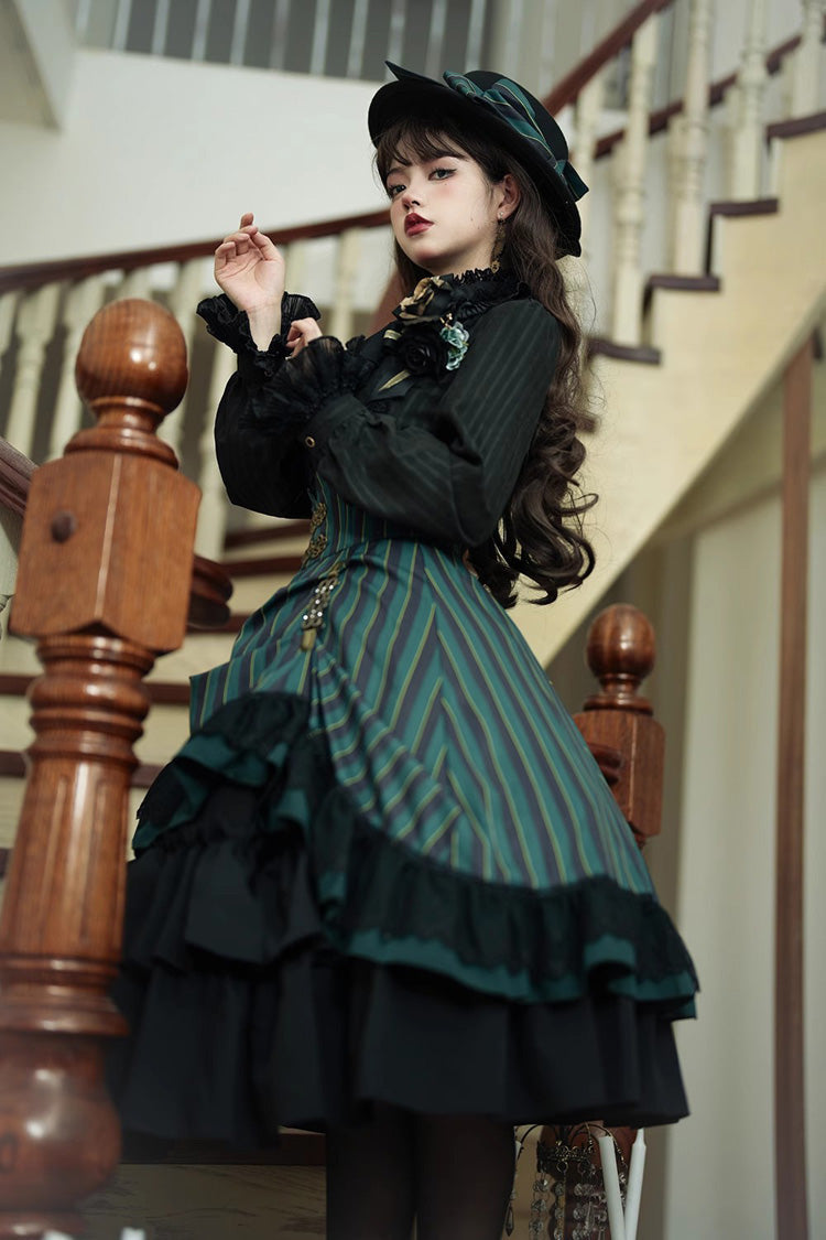 Point Manor Multi-layer Striped Print Ruffle Vintage Elegant Gothic Lolita Skirt 4 Colors