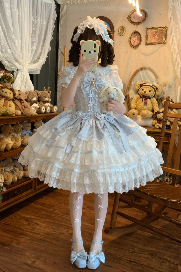 Blue Snow Kissed Romance Sleeveless High Waisted Multi-Layered Bowknot Lace Pearl Sweet Ballet Lolita Jsk Dress