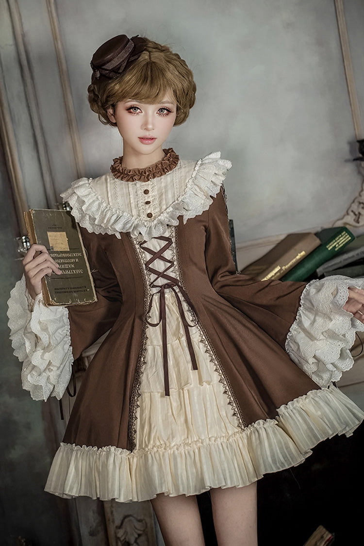 Brown/Beige Nutcracker Stand Collar Long Trumpet Sleeves Ruffle Cardigan Bowknot Lace-Up Sweet Lolita Dress Set 2 Versions