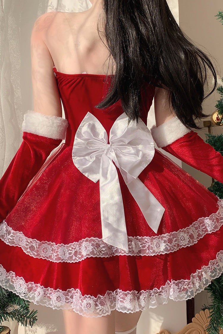 Red Christmas and New Year Double-Layered Ruffle Bowknot Lace Sweet Japanese Lolita Strapless Dress