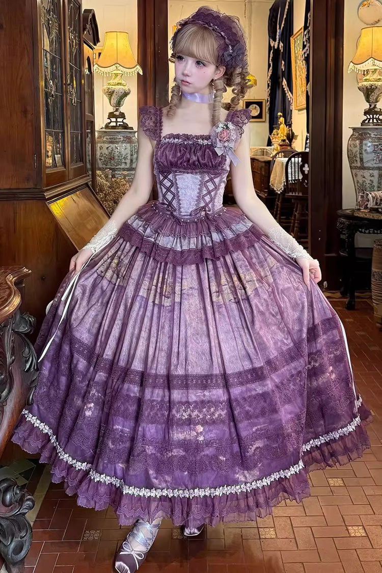 Purple Mist-shrouded Vineyard Sleeveless Ruffle Bowknot Lace-Up Sweet Lolita Jsk Skirt Dress Set
