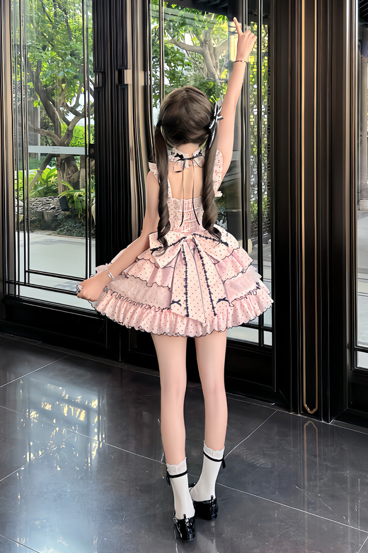 Pink Sleeveless Multi-Layered Polka Dots Printed Ruffled Bow Sweet Princess Lolita Jsk Dress