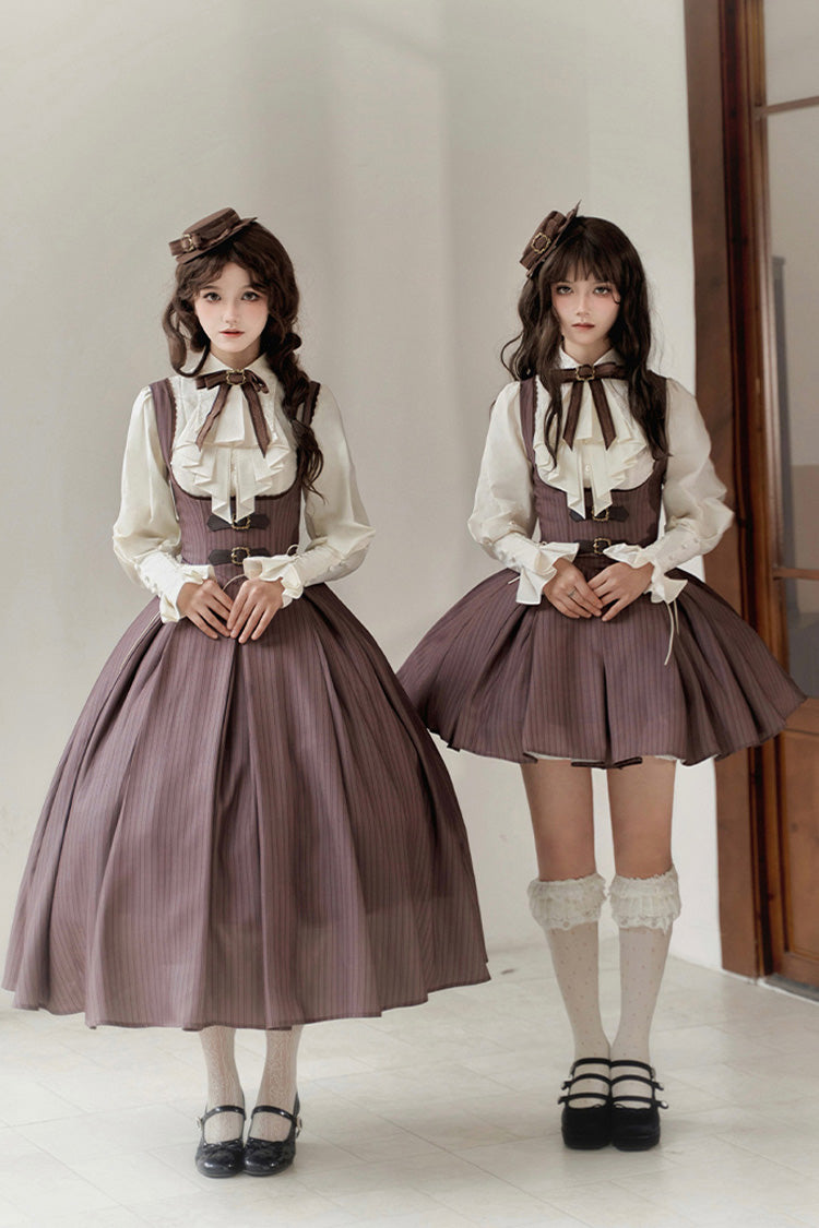 Brown Manchester City's Past Striped Print Breast Support Long Version Sweet Lolita Dress