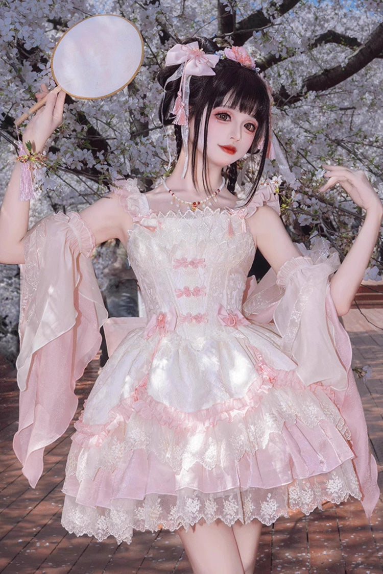 Pink Lyrics in the Midst of Flowers Ruffle Embroidery Bowknot Chinese Style Elegant Sweet Lolita Jsk Dress