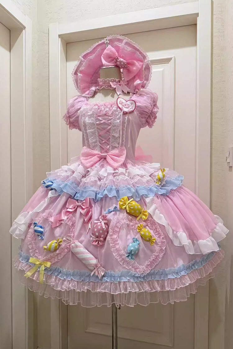 Pink Candy Party Short Sleeves Multi-Layered Ruffled Bow Lace Lace-Up Sweet Lolita Dress