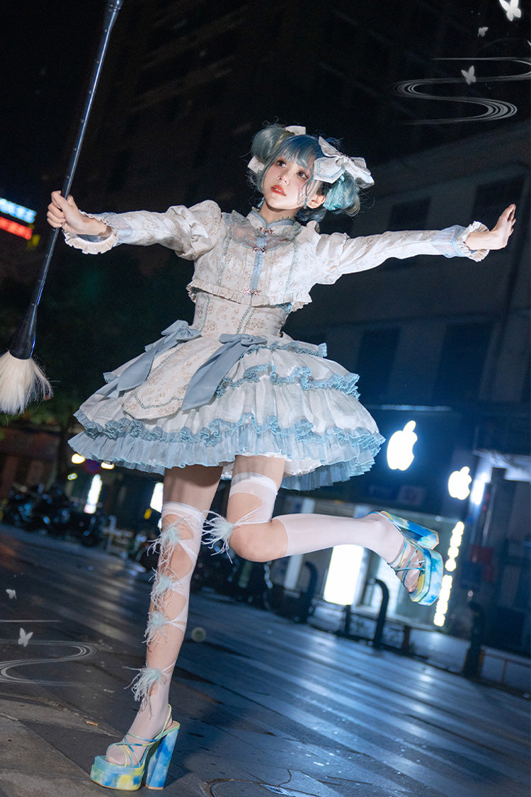 Light Green Multi-layer Ruffle Embroidery Bowknot Chinese Style Sweet Lolita Jsk Dress